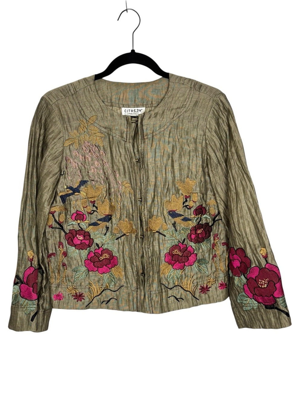 Citron Santa Monica Embroidered Jacket Women's Linen Blend Floral Bird Small